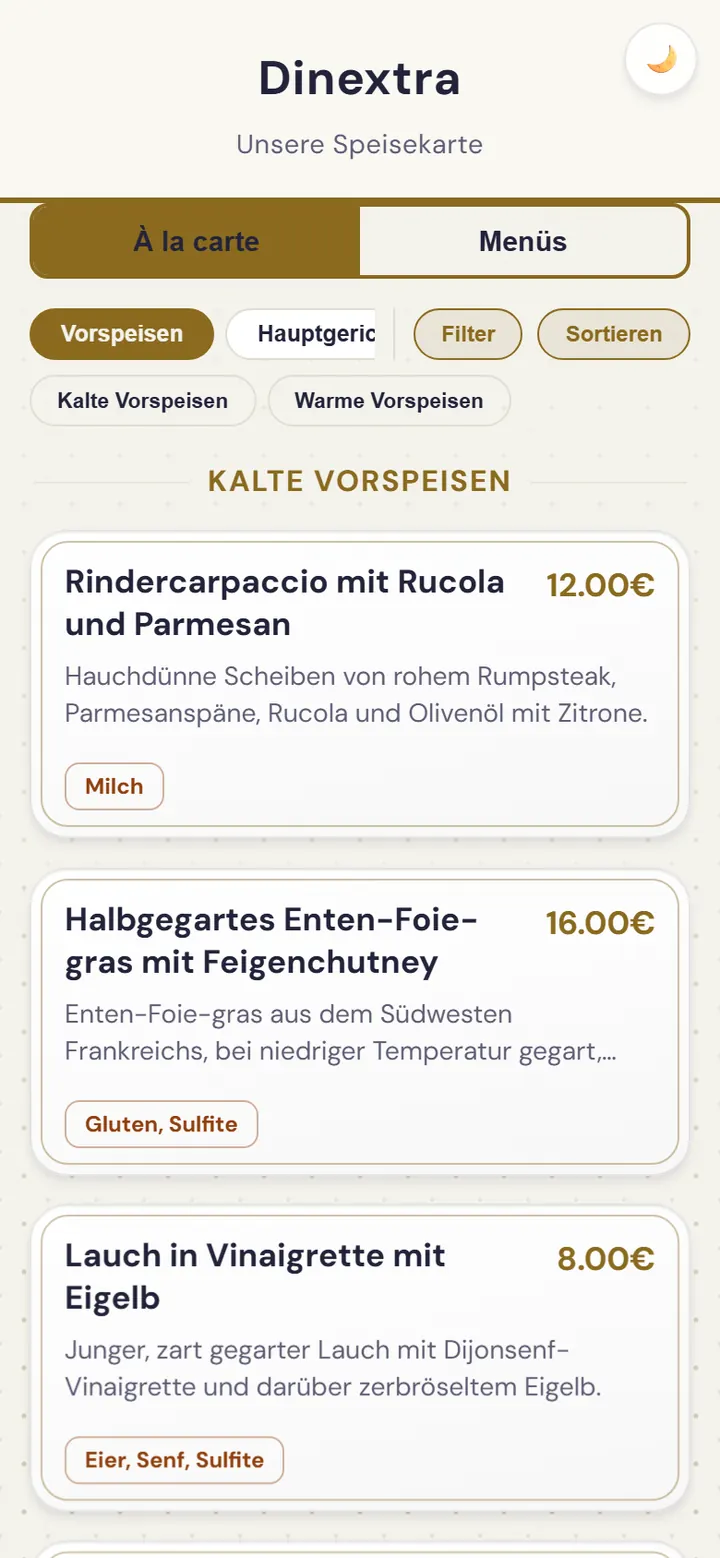 La carte du restaurant dans la webapp