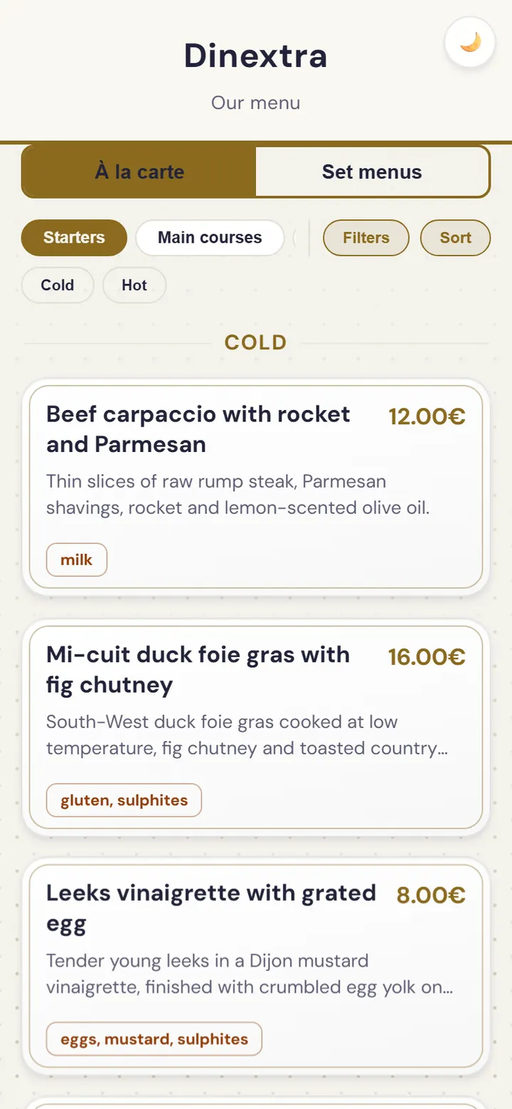 La carte du restaurant dans la webapp