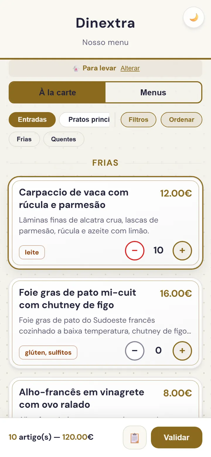 Ecrã de encomenda para levar