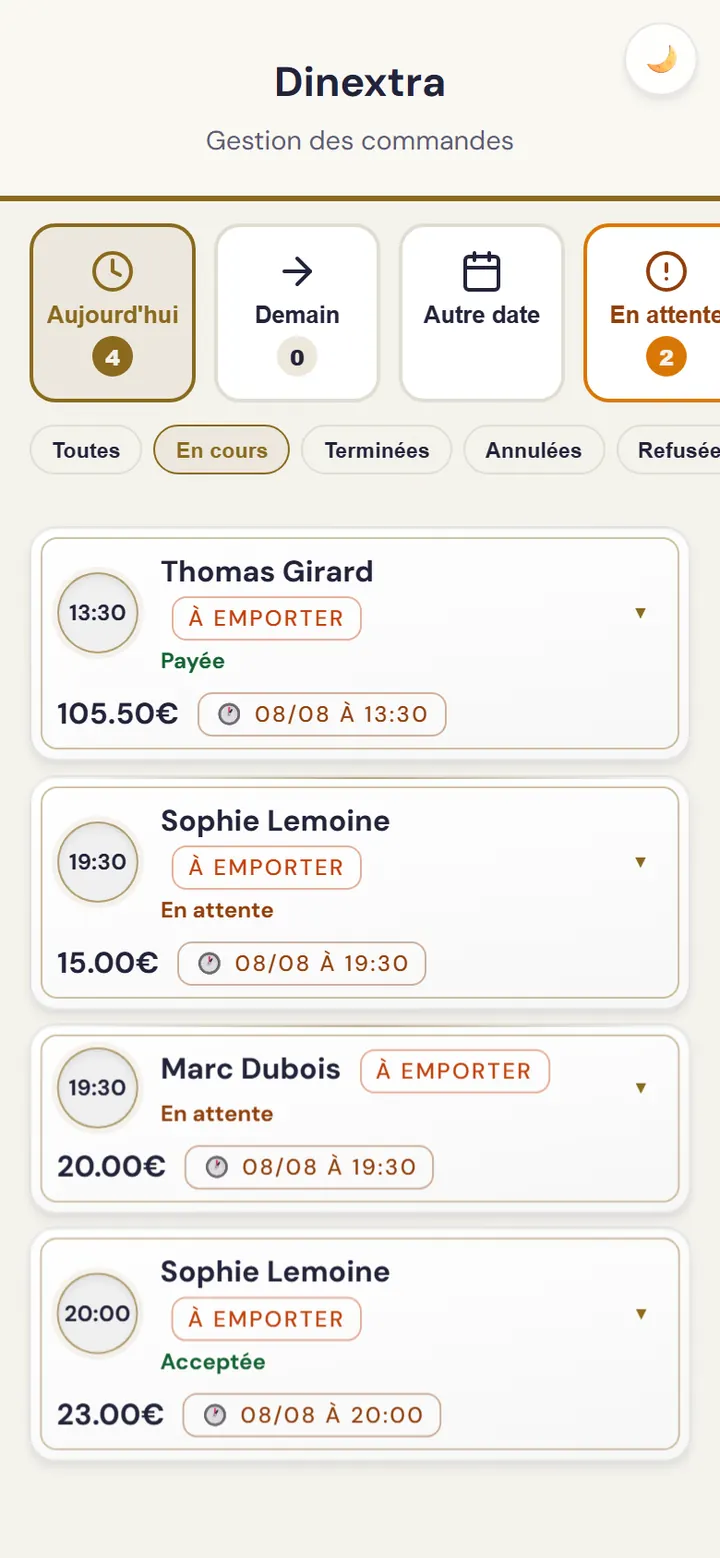 Écran de validation des commandes