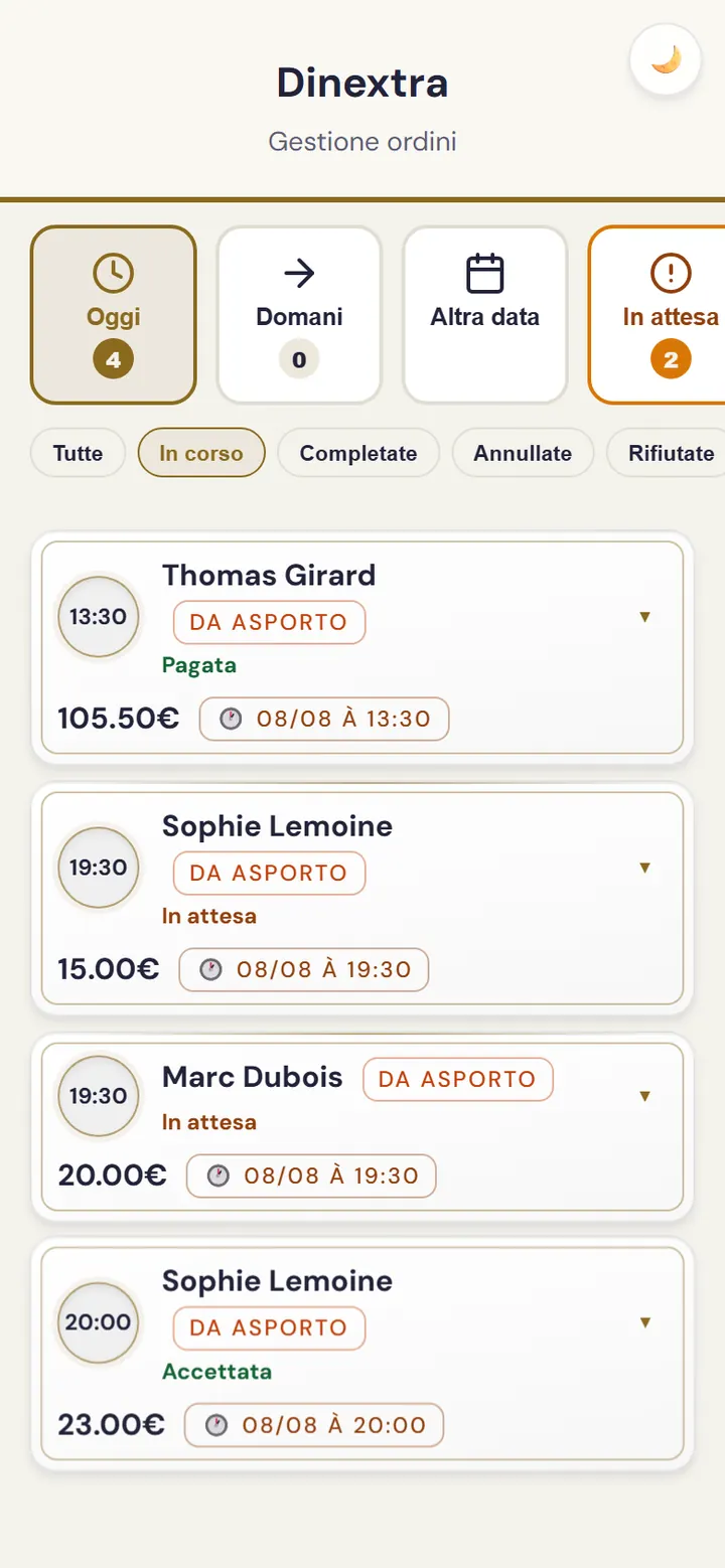 Schermata di conferma degli ordini